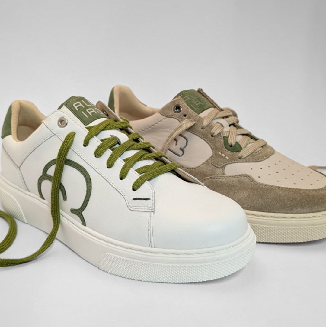 "Seitenansicht der CYBRUS-ALBIRO Sneaker in weiss / beige und braun / weiss"